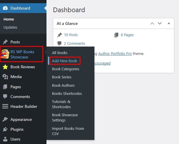 RS WP BOOK SHOWCASE Admin Dashboard Menu