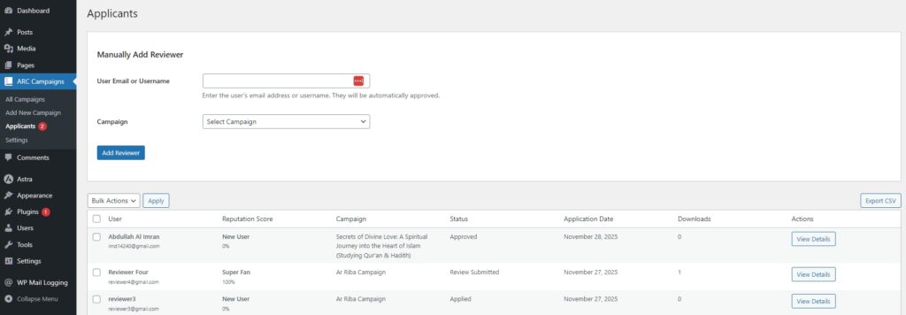 RS ARC Manager Applicants Dashboard