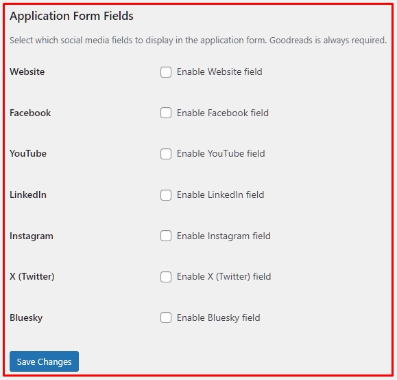 application form fields settings