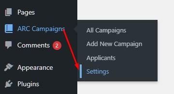 RS ARC MANAGER Settings Menu